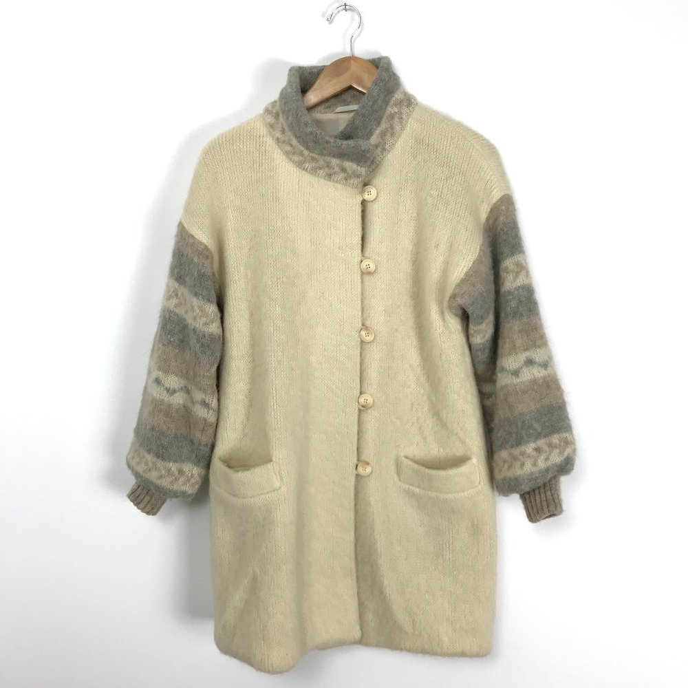 Vintage Hilda Ltd. Icelandic Wool Knit Coat Sweater Jacket White Gray Iceland B7
